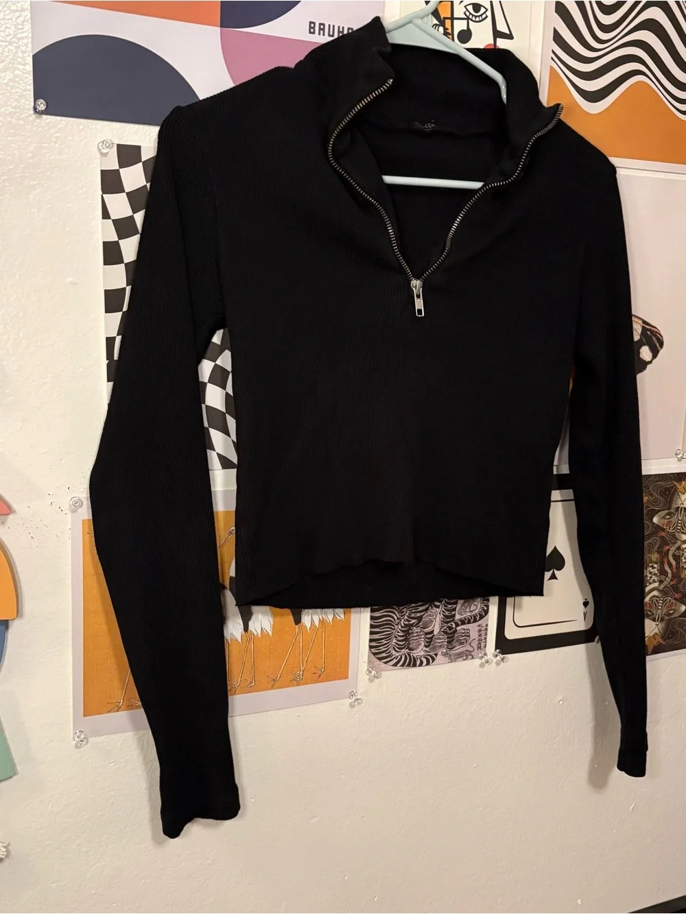 John Galt Black Ribbed Half‑Zip Long Sleeve Top